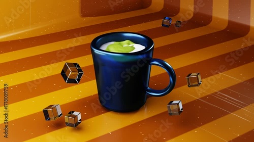 A vibrant blue mug holds a refreshing green and white beverage, surrounded by crystal ice cubes,The scene is set against a striking orange and brown striped background, suggesting a cool, modern drink