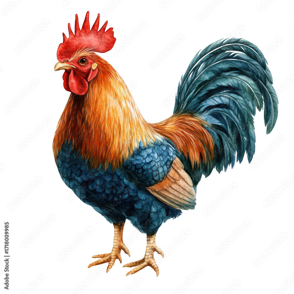 Fototapeta premium A and detailed illustration of a proud rooster standing on a white background. its colorful plumage and unique features. ideal for educational materials or farm-themed decor