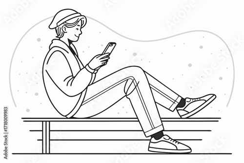 Minimalist line art of young person sitting on bench using phone