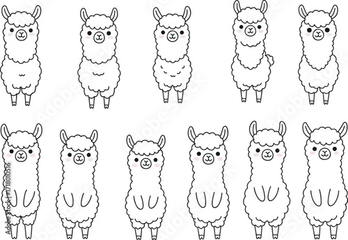 Cute alpaca llama cartoon illustration set, adorable fluffy animal vector collection, simple line art design for kids, farm, and nature decor
