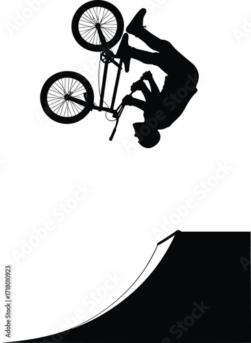 Silhouette vector illustration of BMX rider performing backflip trick on ramp, extreme cycling stunt, freestyle sport action, adrenaline competition design