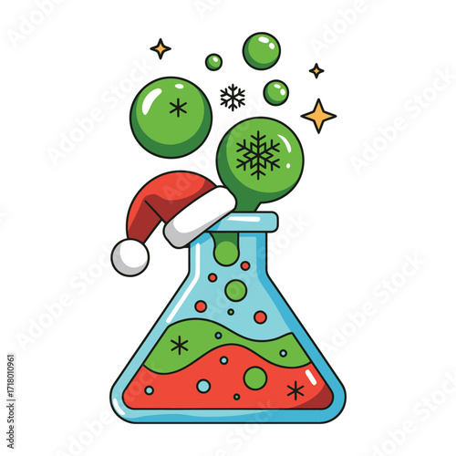 Christmas Science Lab Beaker with Santa Hat and Bubbles Illustration