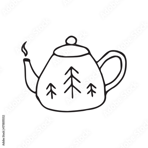 Winter teapot illustration in line art style in black and white representing cozy beverage ritual and kitchen decor. Vector hand drawn illustration for polygraphy, stikers, logo and social media