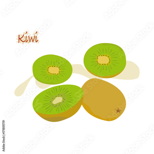 Fresh ripe kiwi, whole green fruit and slices, isolated on white background. Fruit banner.
