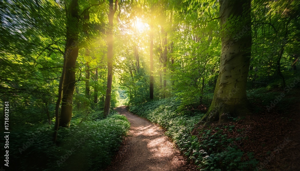 Obraz premium Sun Dappled Forest Path Winds Through Lush Greenery Sunlight Filtering Through Leaves Creating A Magical Woodland Scene Perfect For Nature Travel And Fantasy Themed Projects Dark Trail