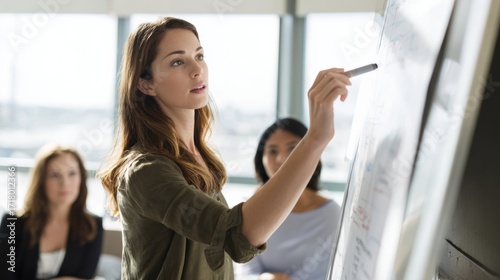 Young woman confidently presents business strategy to colleagues using whiteboard in modern office setting. atmosphere is focused and collaborative Free Download Young woman confidently presents business strategy to colleagues using whiteboard in modern office setting. atmosphere is focused and collaborative - GFXLoad