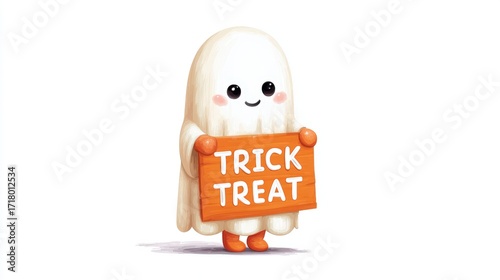 Cute cartoon ghost with trick-or-treat sign isolated on white background