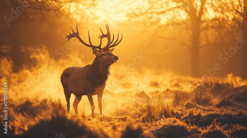 A majestic deer stands gracefully against the backdrop of a golden sunrise.
