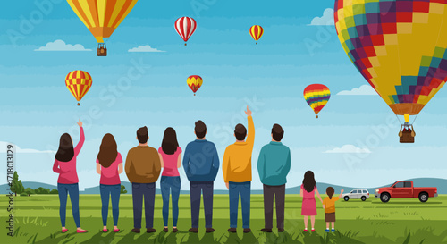 A charming flat design vector illustration depicting a diverse group of people, including families and friends, joyfully watching hot air balloons float across the sky at the Albuquerque International