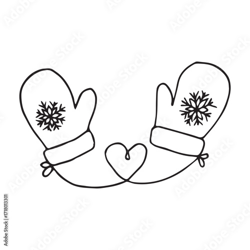  Mittens pair in hand drawn style in black and white representing warmth love and winter accessories. Vector hand drawn illustration for postcards, logo, stikers, polygraphy and social media. Not AI