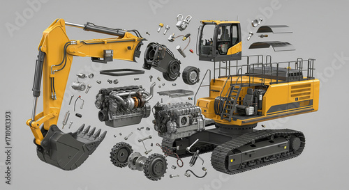 Detailed exploded view of a large construction excavator with components suspended for clear visibility