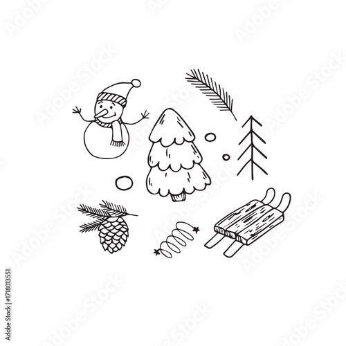 Winter holiday collage in doodle style in black and white representing seasonal joy and decorations. Design for postcard, packaging and textile. Not AI
