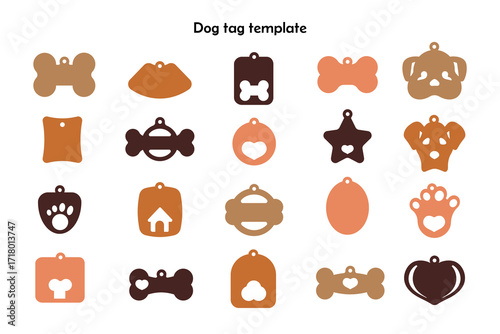 Collection of cute dog tag vector templates in various shapes such as bone, heart, and dog face. Perfect for pet ID labels, dog collar accessories, engraving projects,