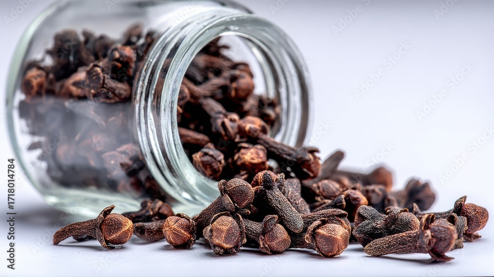 Obraz premium Dried Cloves Spilling from Glass Jar with Soft Background