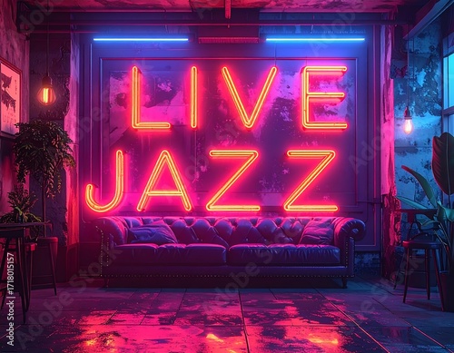 Neon-lit jazz club interior