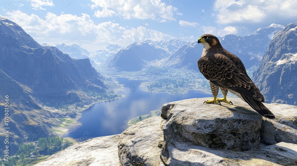 Fototapeta premium A majestic falcon perched on a rugged mountaintop, overlooking a breathtaking panoramic view.