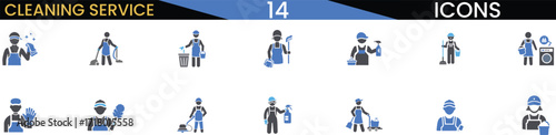 Collection of cleaning service icons representing various tasks and professionals vector