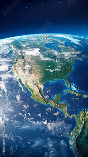 Detailed satellite view of North America and CentralAmerica from space, showin landmasses, oceans, and coud cover.