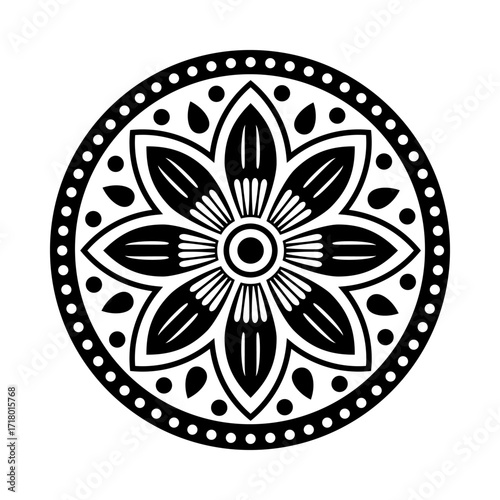 Black and white stylized folk flower, Decorative floral design element, vector illustration, mandala style, symmetrical layout and bold contrast, decorative, ornamental feel
