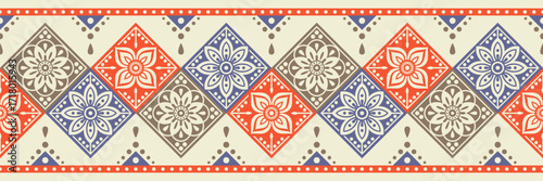 Patterned border, vector flowers motifs in diamond shapes, inspired by traditional Ukrainian and Polish floral folk art embroidery designs.