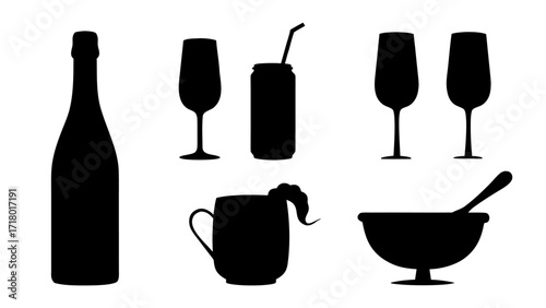 Silhouette Collection of Drinks Glasses, Bottle and Bowl