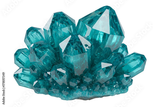 A cluster of vibrant teal crystals displays intricate facets against a pure black backdrop.
