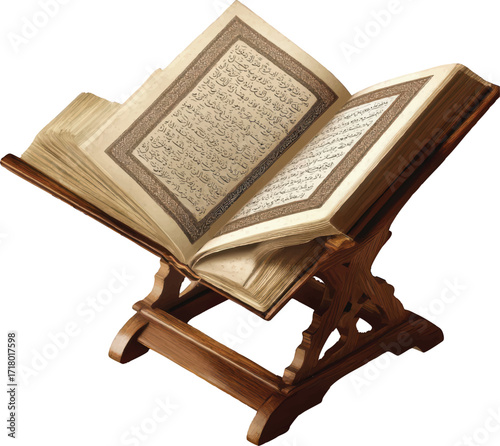 Open Holy Quran on a Wooden Stand with Arabic Script on White Background Keywords: Quran, Koran, holy book, Islamic, religion, faith, spirituality, Arabic