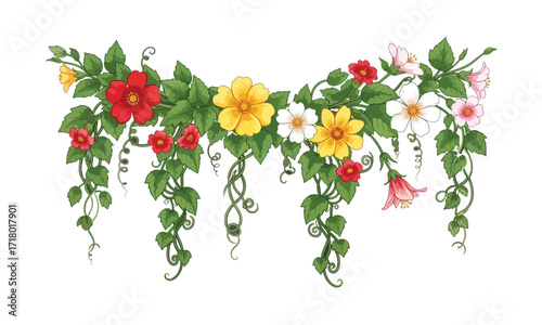 Vibrant creeping flower plant illustration with lush green leaves - Creeper flower plant vector art