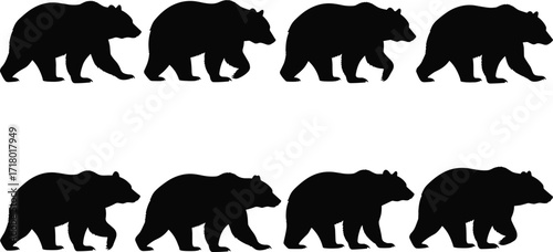 Walking bear silhouettes, black vector wildlife illustration, grizzly animal shapes, forest nature clipart, wild predator design, rustic outdoor adventure graphic set