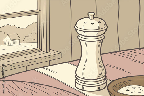 Vintage hand-drawn salt shaker on wooden table by window view