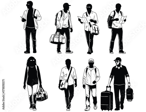 Silhouette vector illustration of travelers walking with luggage, bags, and backpacks, modern people journey tourism travel design for adventure background.eps