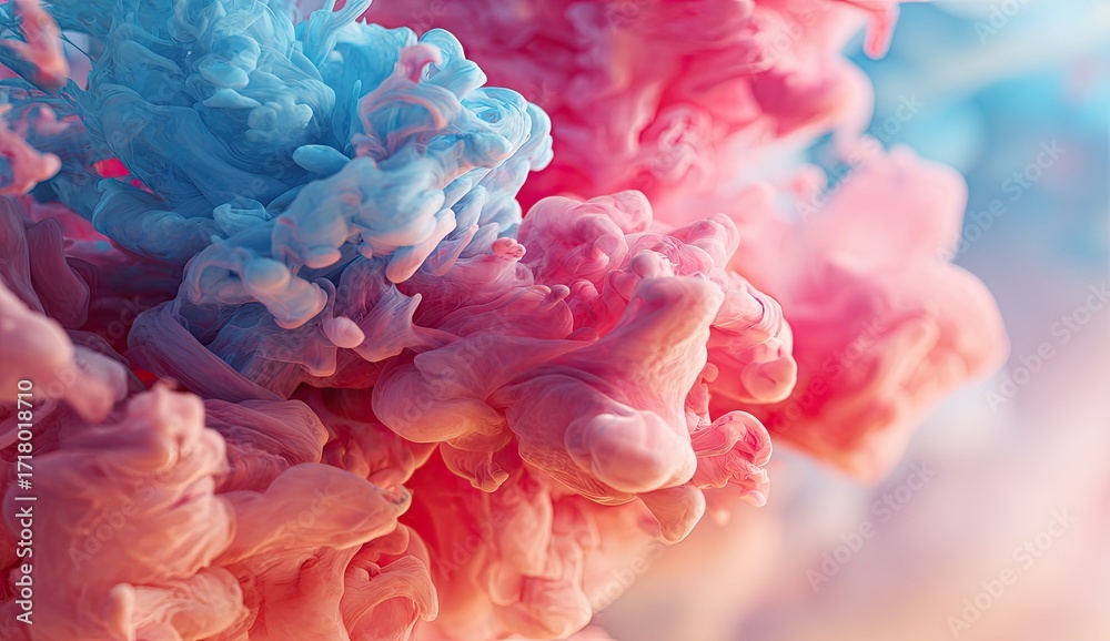 Fototapeta premium Abstract swirling colors of light blue and pink ink in water