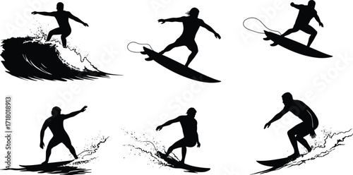 Surfing silhouettes vector illustration of surfers riding ocean waves performing tricks and stunts, extreme water sports lifestyle design for summer adventure