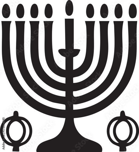 Lit Menorah (Hanukkiah) and Dreidels - Vector Silhouette