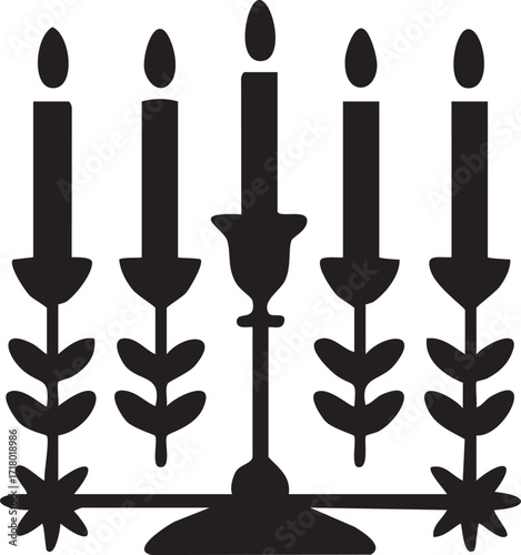 Black and white vector icon of a decorative candelabra with five lit candles.