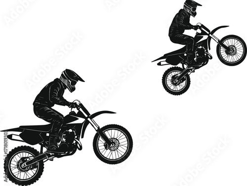 Vector illustration of motocross riders performing high jump stunts on dirt bikes, extreme action sport design for competition adventure background