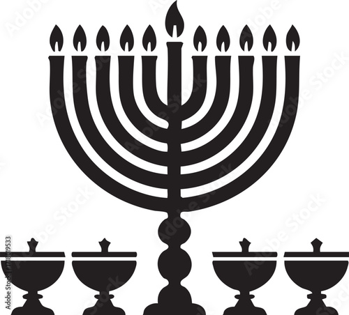 Lit Hanukkah Menorah (Hanukkiah) with Oil Cups - Vector Icon