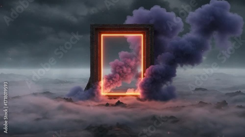 A surreal portal with a glowing orange neon frame stands amidst a sea of clouds, with thick purple smoke billowing into the dramatic sky