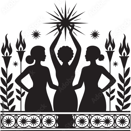 Three Women Holding Star Silhouette with Torches and Ornamental Border