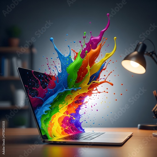 Vibrant Liquid Colors Exploding From Open Laptop Screen Creative Digital Art