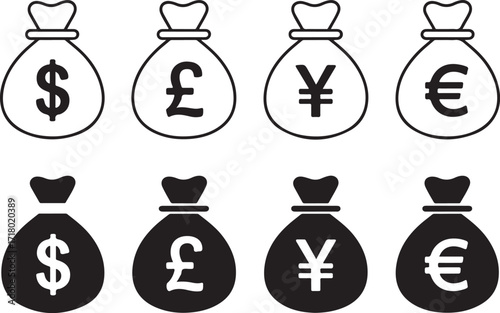 Currency bag - vector icon set. World currencies bag sign symbol set. Money Bag and Currency Sign Vector Icon Set. USD, EUR, JPY, GBP Icon. Editable Stroke isolated on white background