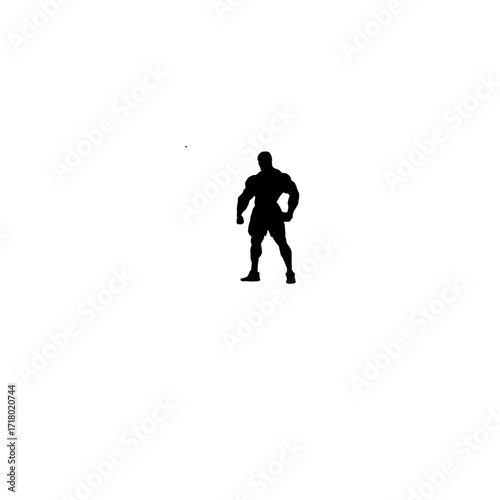 A bold, black silhouette of a muscular man, likely a boxer or athlete, in a dynamic stance.