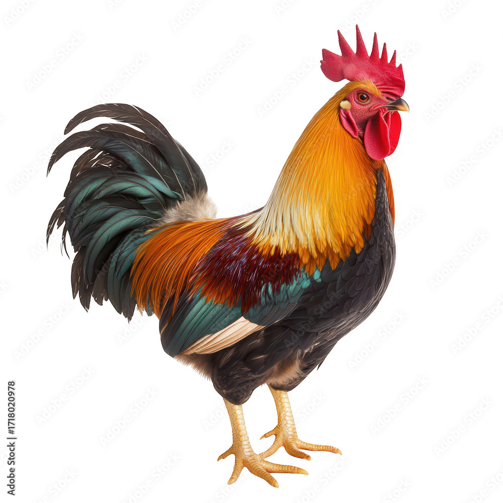 Fototapeta premium A vibrant. multicolored rooster stands proudly against a plain white background. its striking plumage and confident posture. ideal for agricultural or wildlife-themed projects