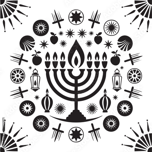 Black and white Hanukkah Menorah icon mandala with oil jugs, lanterns, and decorative elements.
