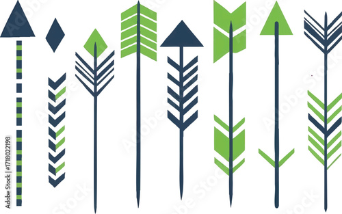 Collection of Stylized Arrows in Navy Blue and Green on White Background tribal