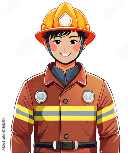 Smiling Male Firefighter. Cartoon illustration shows a friendly, smiling man dressed as a firefighter.