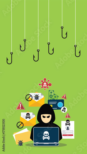 Hacker with laptop computer stealing confidential data, personal information and credit card detail. Hacking concept.	