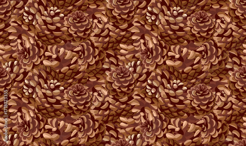 Seamless pattern with pine cones. Cones lying close to each other. Christmas pattern for packaging, textile and printing. ​​Vector illustration on isolated background.