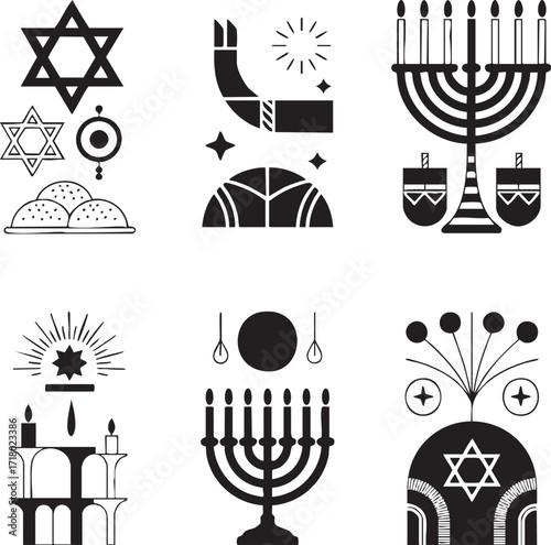 Judaica icon set. Black and white vector symbols for Jewish holidays.