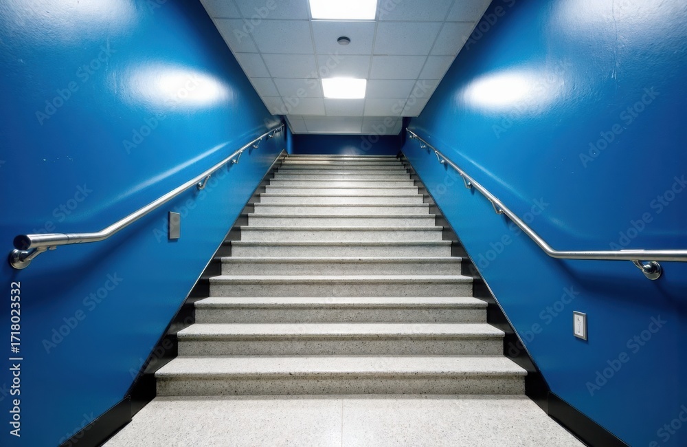 Fototapeta premium Staircase with blue walls and metal handrails in a modern indoor setting